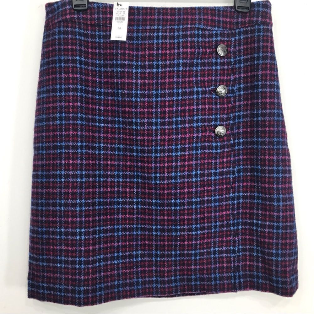 Talbots Petites Blue Pink Plaid Wool Blend Scalloped Edge Button Mini Skirt NEW